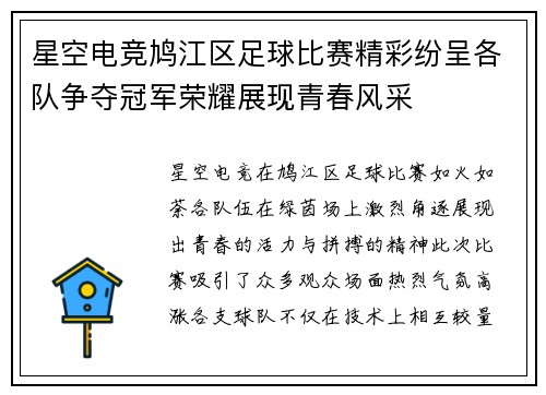 星空电竞鸠江区足球比赛精彩纷呈各队争夺冠军荣耀展现青春风采