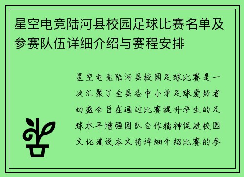 星空电竞陆河县校园足球比赛名单及参赛队伍详细介绍与赛程安排
