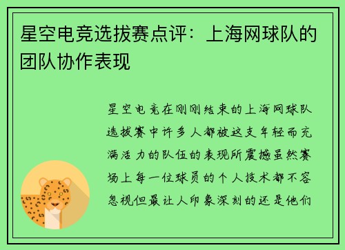 星空电竞选拔赛点评：上海网球队的团队协作表现